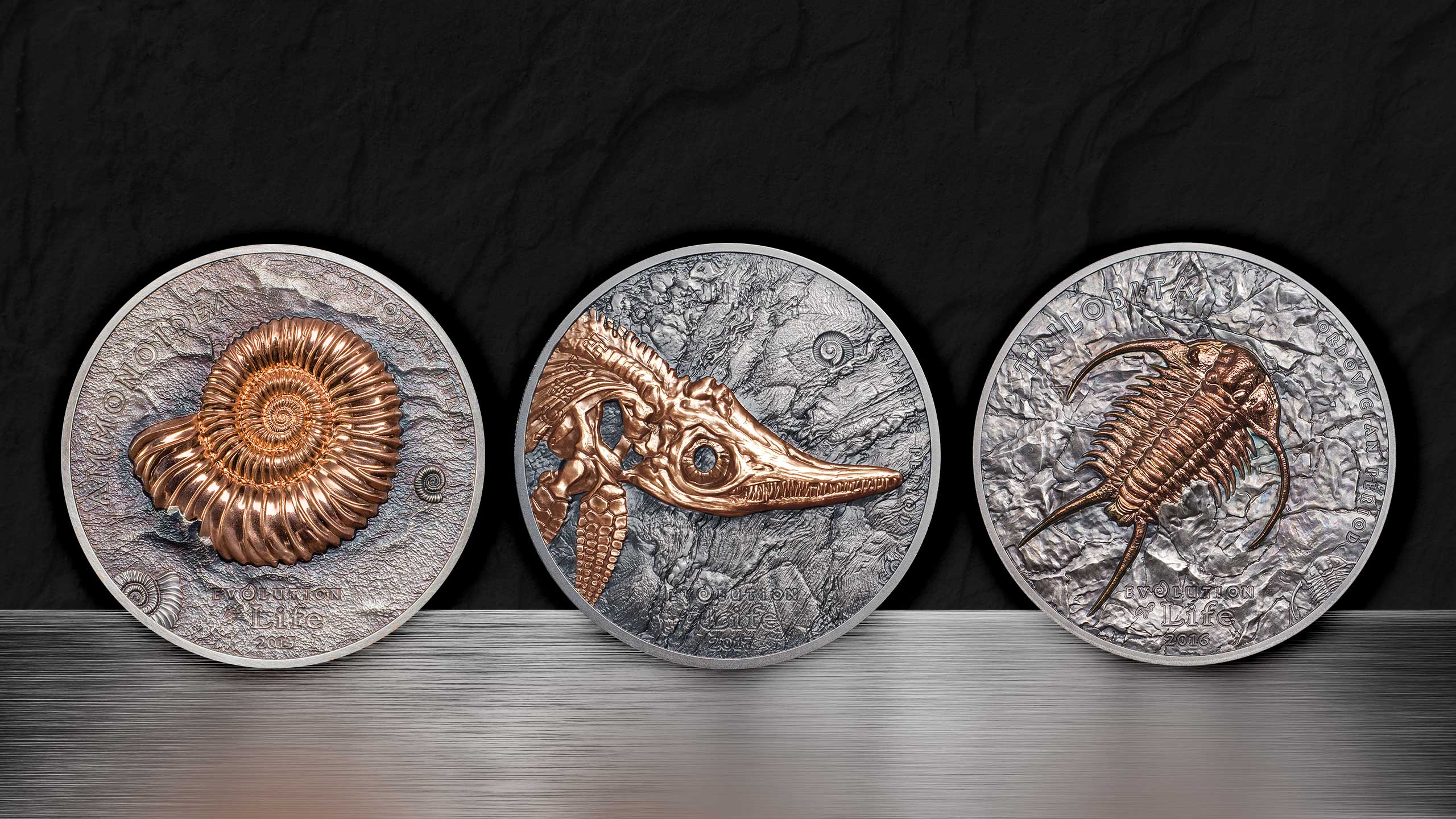 Red-gold and antique finish evolution of life silver coin with Ichthyosaur by CIT